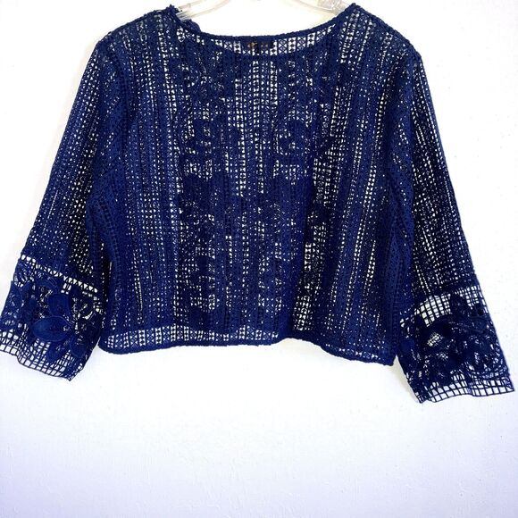 ILE NEW YORK  Dark Blue Lace Embroidered Knit Cardigan Shrug Bolero Over Top - Picture 3 of 4
